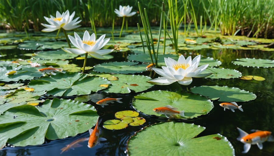 Spring garden pond with flowering water lilies and koi fish swimming near the surface