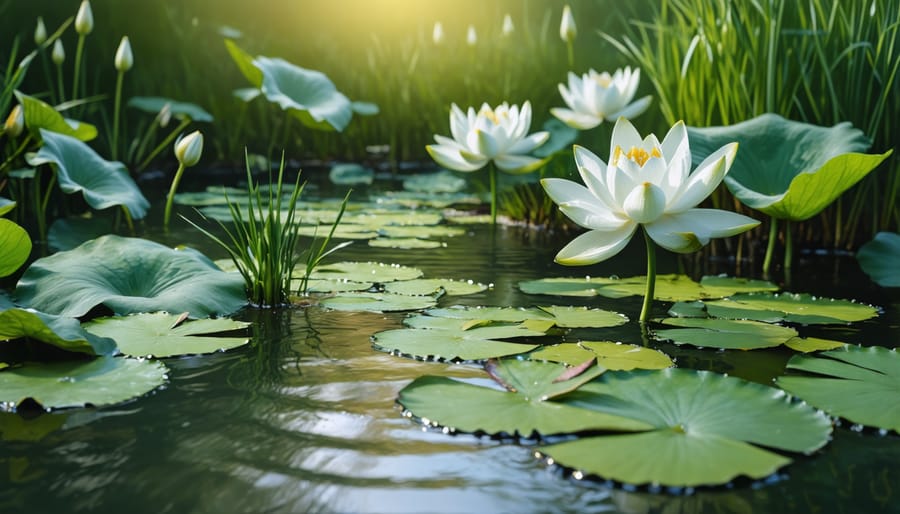 Spring water garden with blooming water lilies and fresh aquatic growth