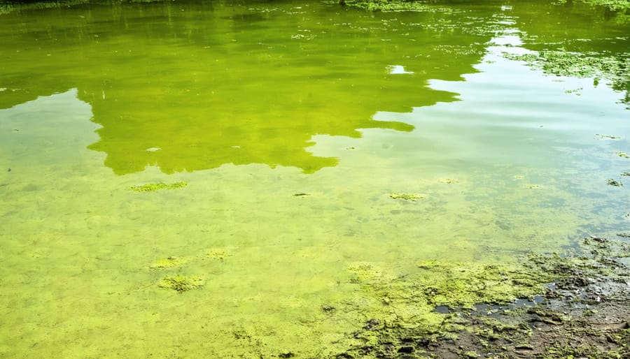Person maintaining a garden pond in summer, skimming algae with clear water and healthy plants visible