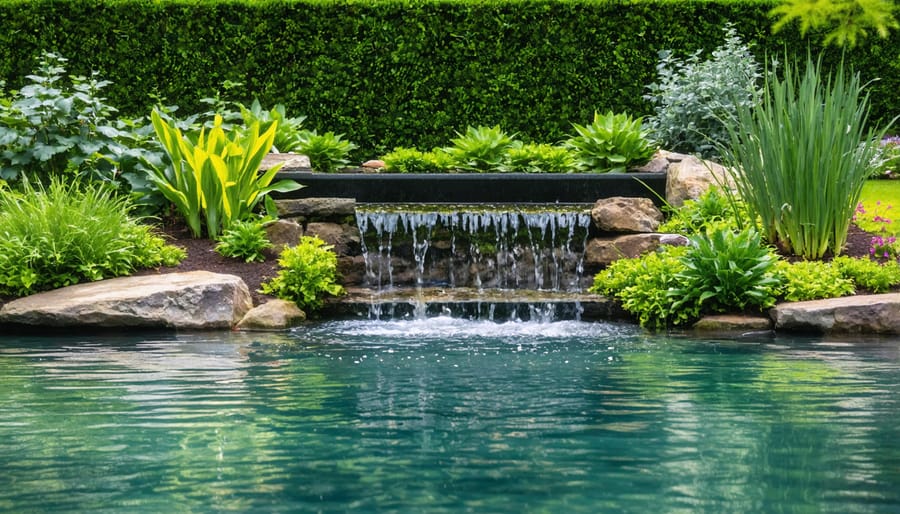 Gardener maintaining water levels and tending to flourishing aquatic plants in summer