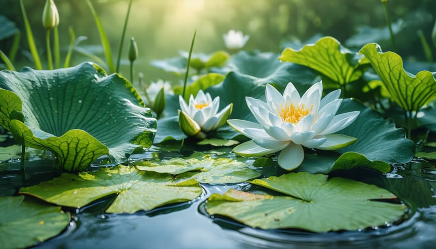 Vibrant water lilies and floating aquatic plants creating shade coverage on pond surface