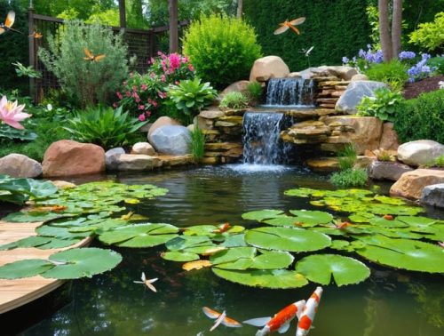 A picturesque koi pond with varied depth zones, vibrant aquatic plants, and a small cascading waterfall creating a balanced and eco-friendly backyard ecosystem.