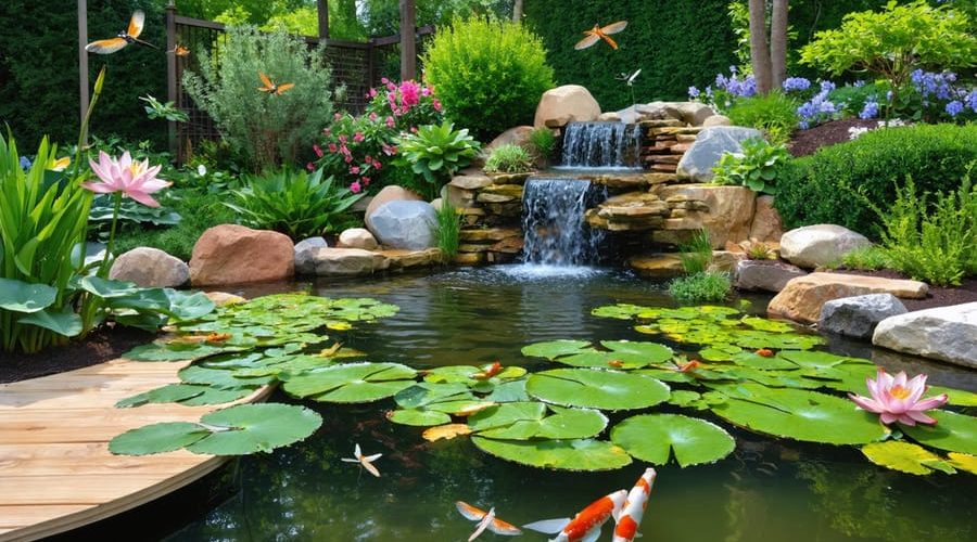 A picturesque koi pond with varied depth zones, vibrant aquatic plants, and a small cascading waterfall creating a balanced and eco-friendly backyard ecosystem.