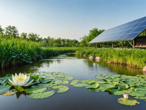 An agricultural pond with aquatic plants such as water lilies and cattails, demonstrating natural water filtration and rainwater harvesting with integrated solar panels. The image illustrates a sustainable and balanced ecosystem.