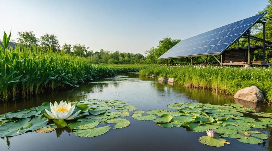 An agricultural pond with aquatic plants such as water lilies and cattails, demonstrating natural water filtration and rainwater harvesting with integrated solar panels. The image illustrates a sustainable and balanced ecosystem.