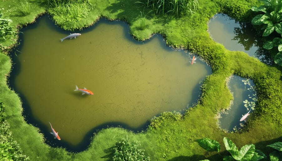 Aerial photograph of an integrated sustainable fish pond system with natural filtration areas