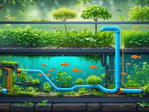 Illustration of a thriving aquaponics system showing interconnected components including a fish tank, biofilter, and vibrant plant growing beds, with water flow to depict the sustainable closed-loop ecosystem.