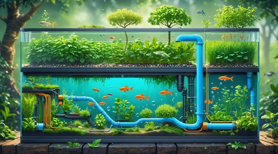 Illustration of a thriving aquaponics system showing interconnected components including a fish tank, biofilter, and vibrant plant growing beds, with water flow to depict the sustainable closed-loop ecosystem.