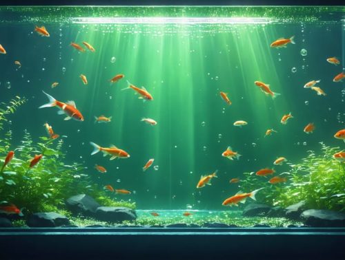 Illustration of a thriving fish pond ecosystem, highlighting phytoplankton as green clusters in the water with koi fish swimming around, under the sun's rays and amidst aquatic plants.