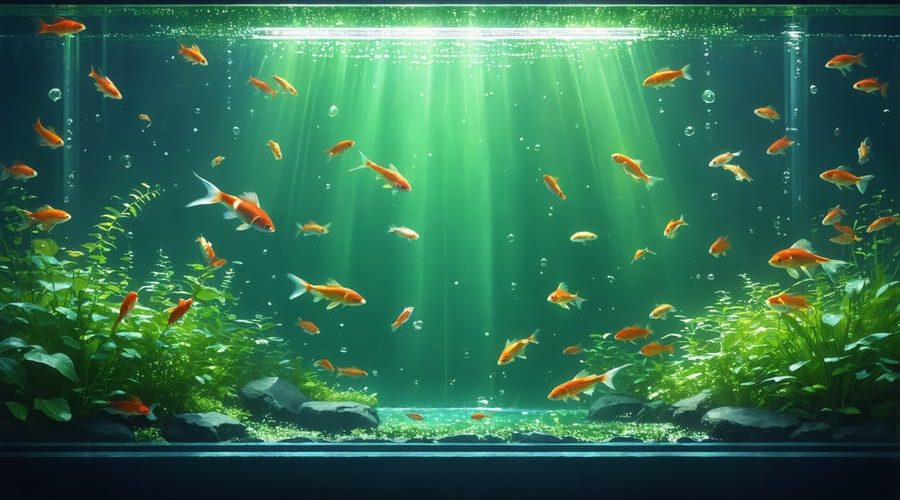 Illustration of a thriving fish pond ecosystem, highlighting phytoplankton as green clusters in the water with koi fish swimming around, under the sun's rays and amidst aquatic plants.