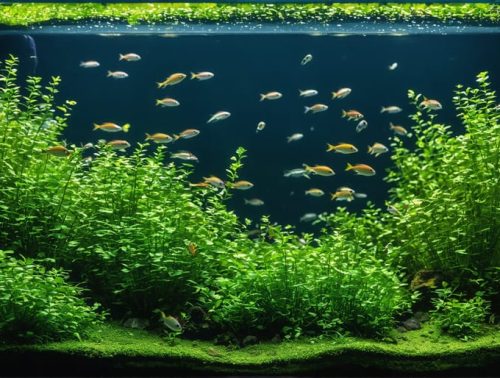 A beautifully curated marine aquarium exhibit featuring diverse marine plants such as seagrasses and macroalgae, with small fish swimming gracefully among the vibrant greenery, representing a thriving aquatic ecosystem.