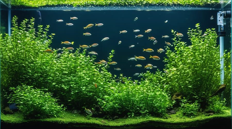 A beautifully curated marine aquarium exhibit featuring diverse marine plants such as seagrasses and macroalgae, with small fish swimming gracefully among the vibrant greenery, representing a thriving aquatic ecosystem.