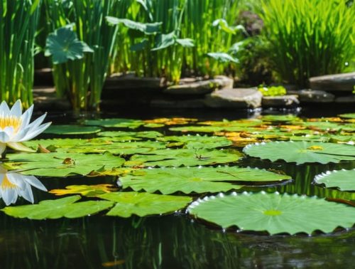 A vibrant water garden featuring blooming water lilies, submerged plants creating an underwater tapestry, and marginal plants lining the pond's edge, illustrating the diverse roles of aquatic plants in maintaining a balanced ecosystem.