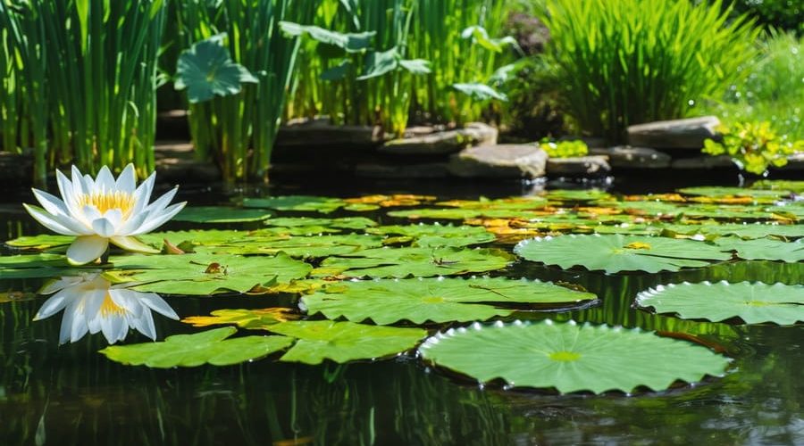 A vibrant water garden featuring blooming water lilies, submerged plants creating an underwater tapestry, and marginal plants lining the pond's edge, illustrating the diverse roles of aquatic plants in maintaining a balanced ecosystem.