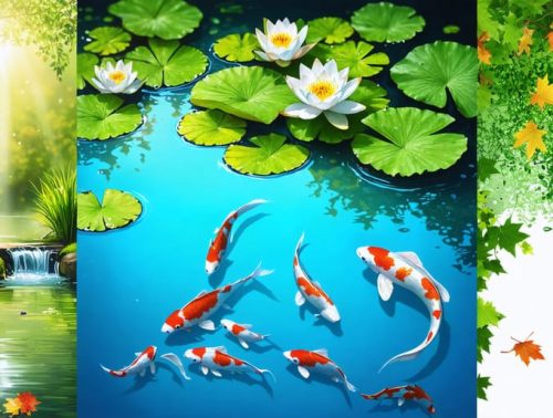 Colorful depiction of a seasonal pond's transformation across seasons, featuring blooming lilies and fish in spring, verdant plants in summer, golden hues of autumn, and a partially frozen surface in winter.