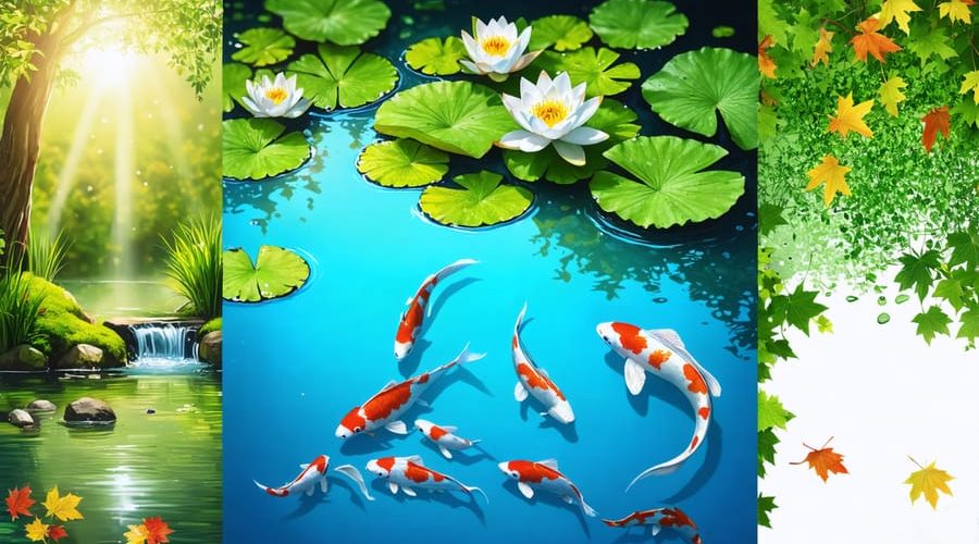 Colorful depiction of a seasonal pond's transformation across seasons, featuring blooming lilies and fish in spring, verdant plants in summer, golden hues of autumn, and a partially frozen surface in winter.