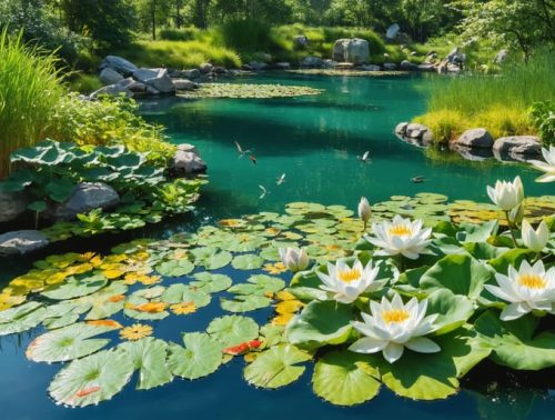A beautifully layered water garden with diverse native plants, showcasing different depth zones and vibrant wildlife, including dragonflies and fish, creating a sustainable and balanced habitat.