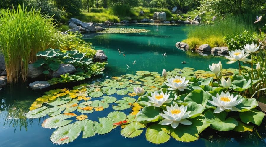 A beautifully layered water garden with diverse native plants, showcasing different depth zones and vibrant wildlife, including dragonflies and fish, creating a sustainable and balanced habitat.