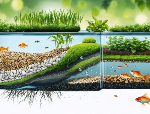 Cross-section illustration of a pond showing layers of planting media, with aquatic plants thriving in their environment and fish swimming around, depicting a harmonious water garden ecosystem.