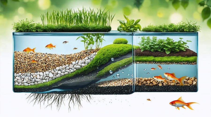 Cross-section illustration of a pond showing layers of planting media, with aquatic plants thriving in their environment and fish swimming around, depicting a harmonious water garden ecosystem.