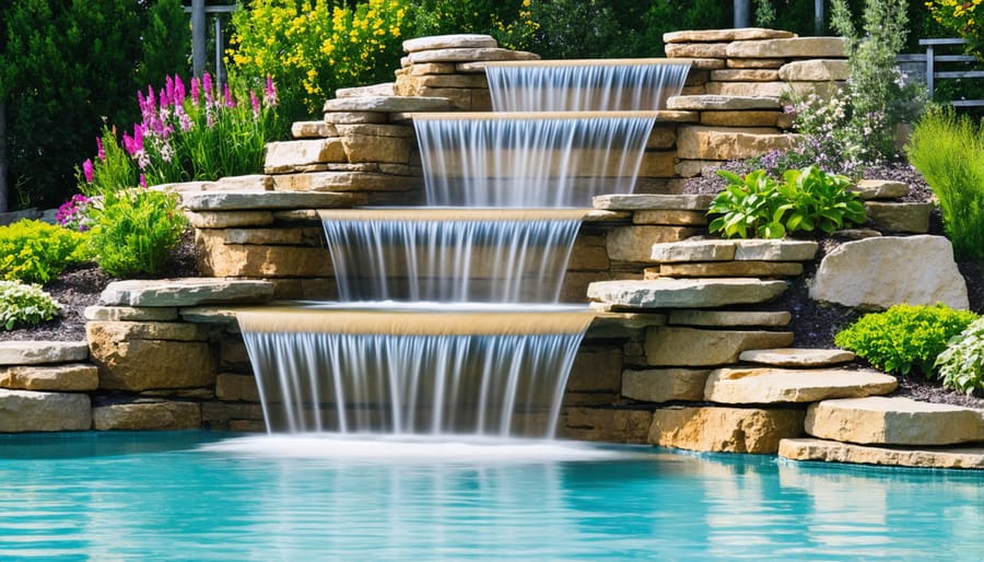 Cascading waterfall with multiple tiers showing varying water flow patterns