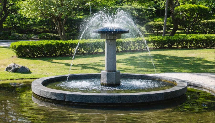 Stone tsukubai water basin with bamboo spout surrounded by moss and stones