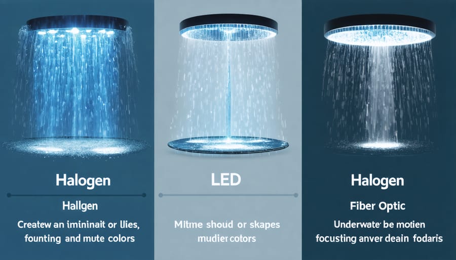 Visual comparison of LED, halogen, and fiber optic underwater fountain lights showing size, brightness, and beam patterns