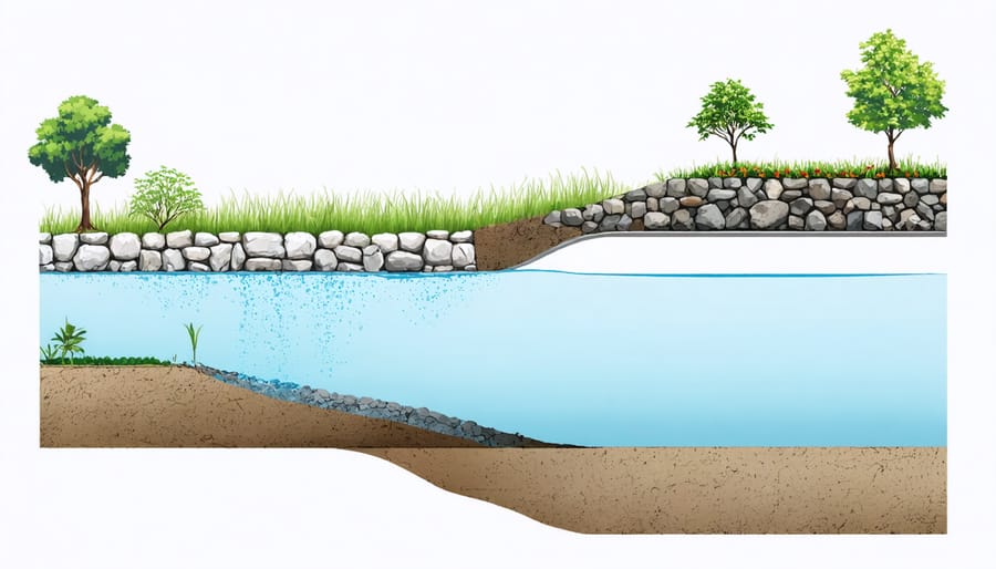 Illustrated cross-section showing three common types of water barriers used in garden ponds