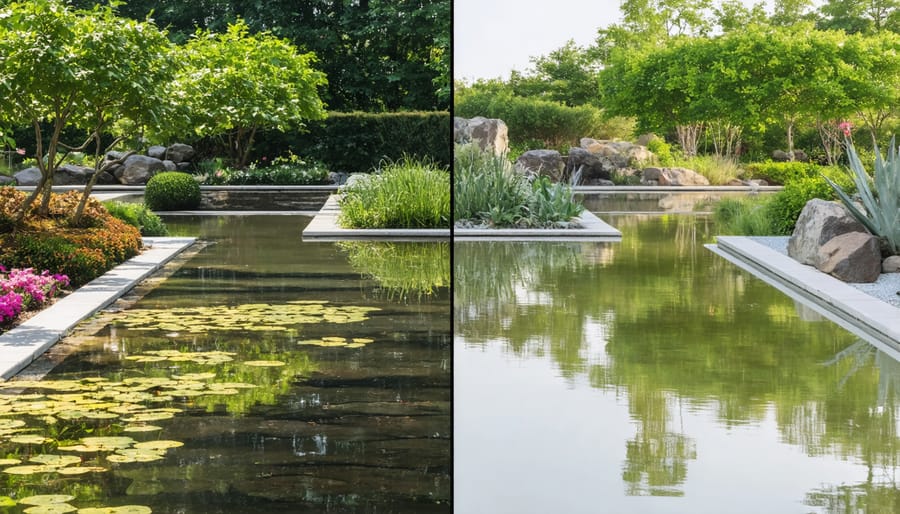 Side-by-side comparison of maintained versus neglected community water gardens