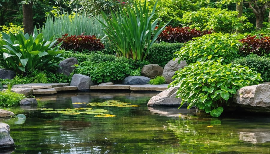 Established water garden displaying tall marginal plants, floating lilies, and low-growing edge plants