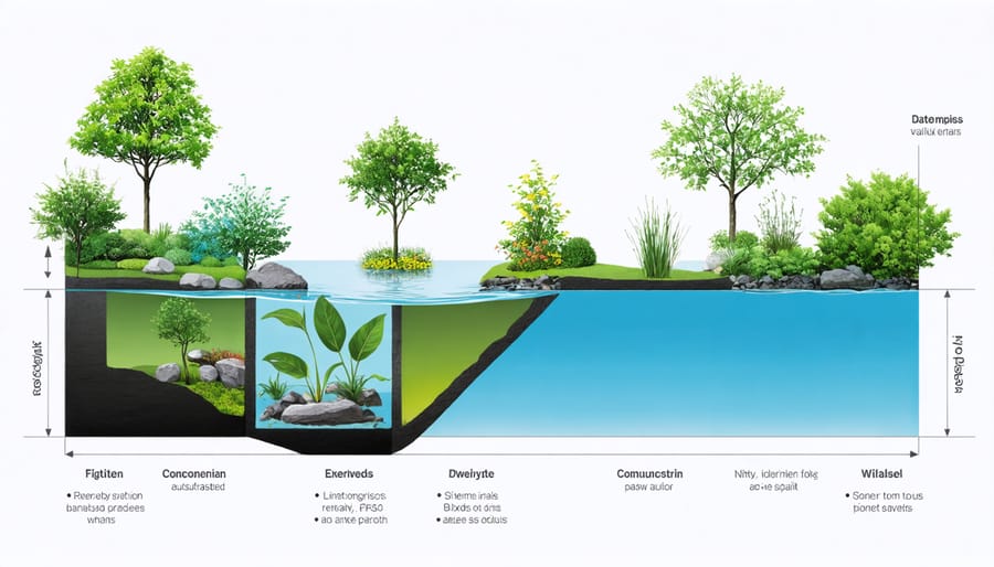 Illustrated cross-section of a water garden showing marginal, deep water, and bog zones with labeled plants