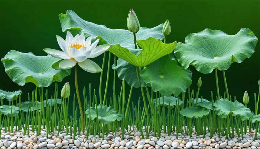 Healthy water lily plants growing in gravel media showing root development