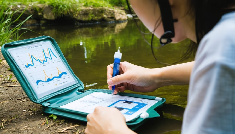 Fish farmer testing pond water quality with professional testing equipment