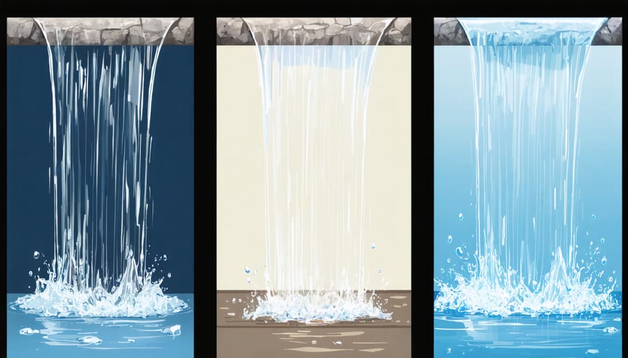 Side-by-side comparison of water flowing over stone, metal, and glass surfaces