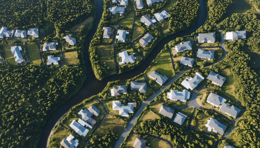 Aerial photograph showing houses and properties at the edge of a forested wilderness area