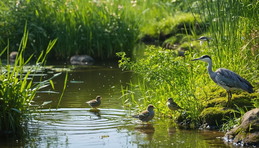 Pond margin designed to attract wildlife with gradual slopes and natural vegetation