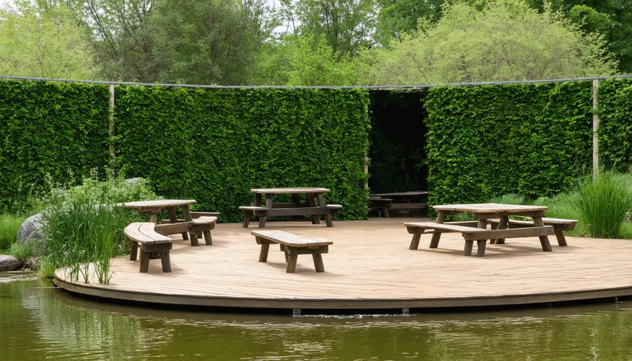 Peaceful pond viewing area with bench and protective vegetation for wildlife observation