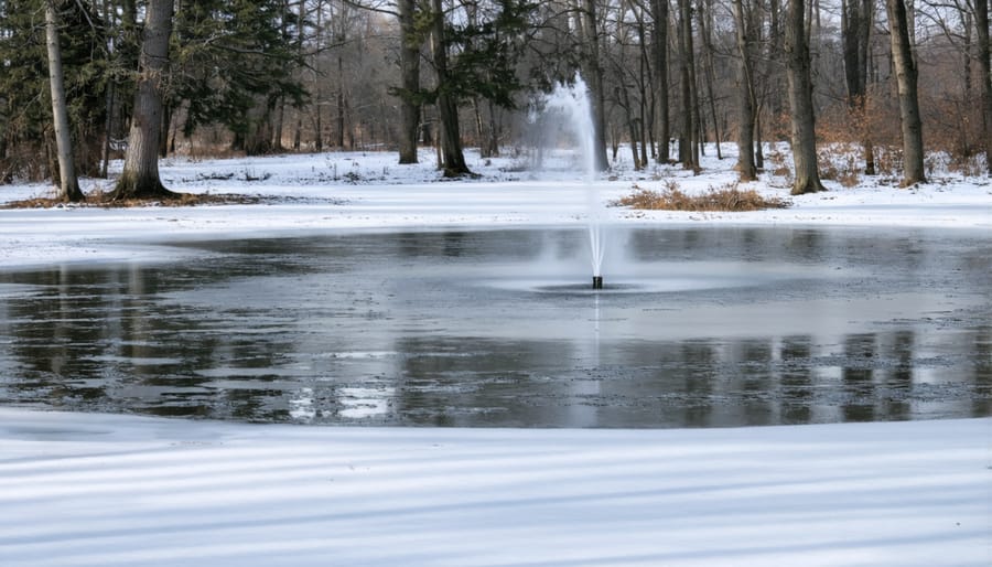 Garden pond in winter showing ice formation with a functioning aerator keeping a portion ice-free