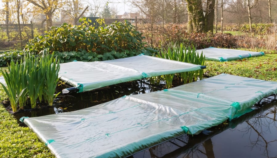 Water garden winter protection system with protective covers and temperature maintenance equipment