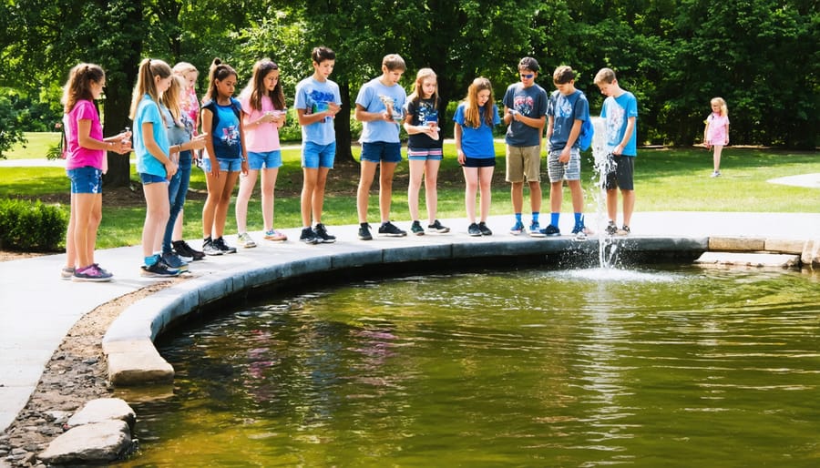 Workshop instructor demonstrating pond maintenance techniques to engaged participants