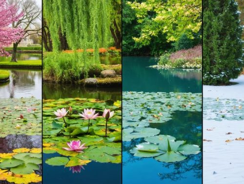 A garden pond depicted in quadrants to illustrate its transformation throughout the four seasons: vibrant spring flowers, lush summer water lilies, warm-hued fall foliage, and evergreen plants in a winter setting.