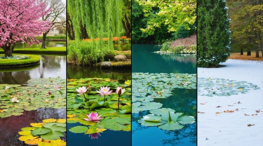 A garden pond depicted in quadrants to illustrate its transformation throughout the four seasons: vibrant spring flowers, lush summer water lilies, warm-hued fall foliage, and evergreen plants in a winter setting.
