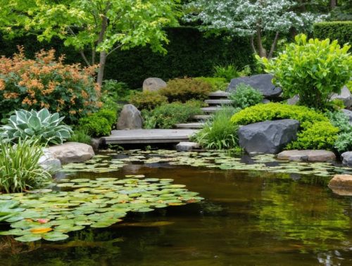 A water garden illustrating the seasonal transitions of aquatic plants from blooming spring flowers to lush summer growth, colorful autumn foliage, and frost-covered winter scenery.