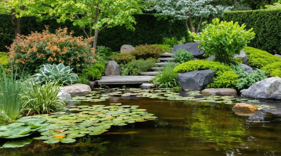 A water garden illustrating the seasonal transitions of aquatic plants from blooming spring flowers to lush summer growth, colorful autumn foliage, and frost-covered winter scenery.