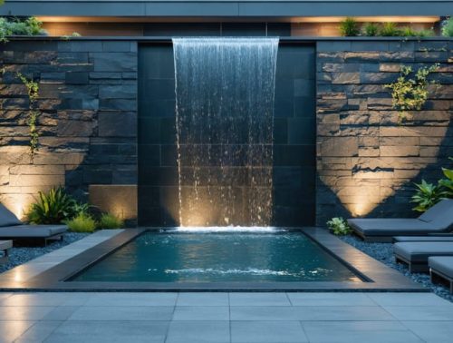 A sleek, modern backyard water wall with cascading water illuminated by soft blue LED lights against a dark stone surface. The scene is enhanced by minimalistic landscaping, featuring polished concrete and native plants.
