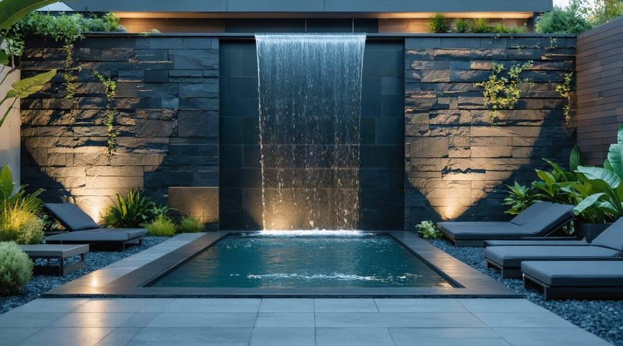 A sleek, modern backyard water wall with cascading water illuminated by soft blue LED lights against a dark stone surface. The scene is enhanced by minimalistic landscaping, featuring polished concrete and native plants.