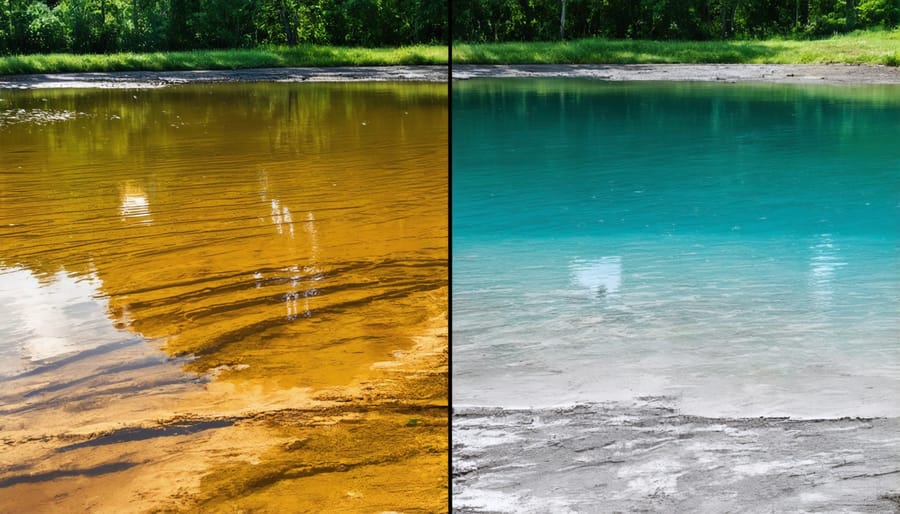 Side-by-side comparison of zinc-contaminated pond water (cloudy, discolored) and healthy pond water (clear, natural)