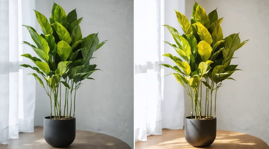 A healthy, vibrant ZZ plant with firm, glossy leaves on one side, contrasted against an overwatered ZZ plant with yellowing, drooping leaves on the other, highlighting the differences in plant condition due to watering habits.