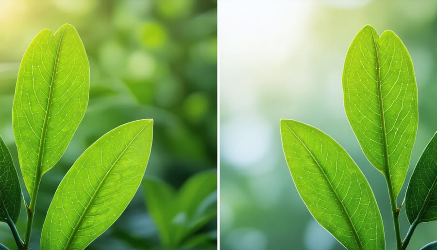 Comparison of healthy green ZZ plant leaves versus yellowing, drooping leaves from overwatering