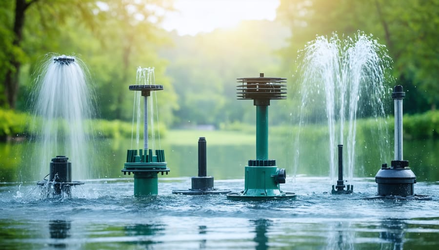 Collection of common koi pond aeration devices showing size and feature comparisons